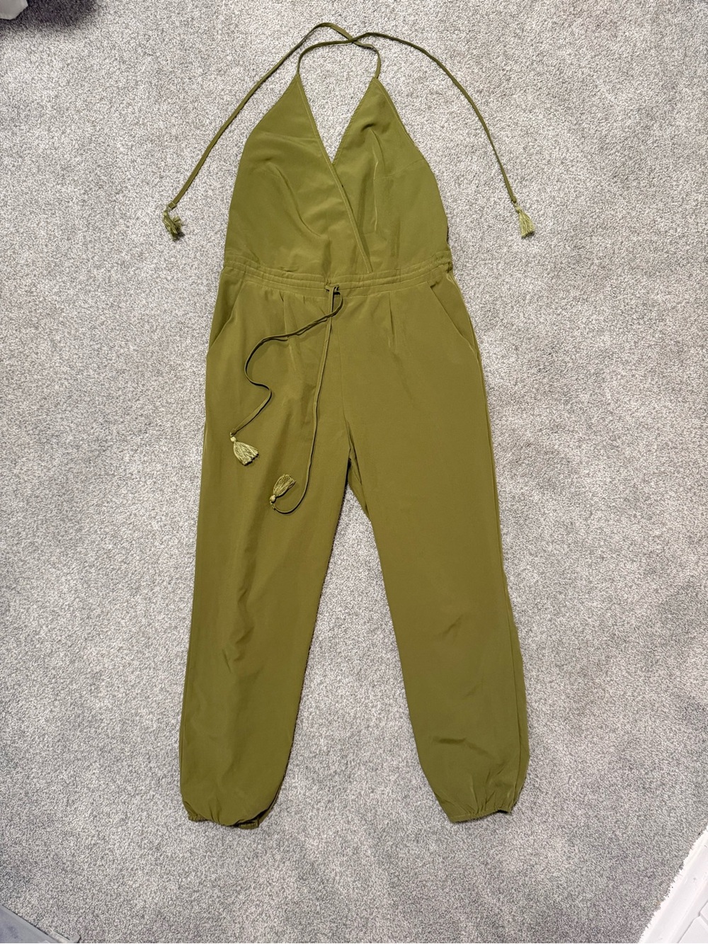 BiBi Olive Halter Jumpsuit with Tassel Tie